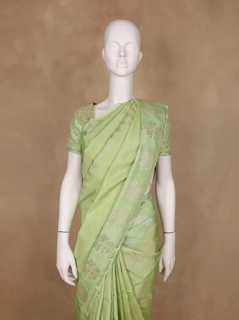 Pale Green Floral Design Silk Cotton Saree 2
