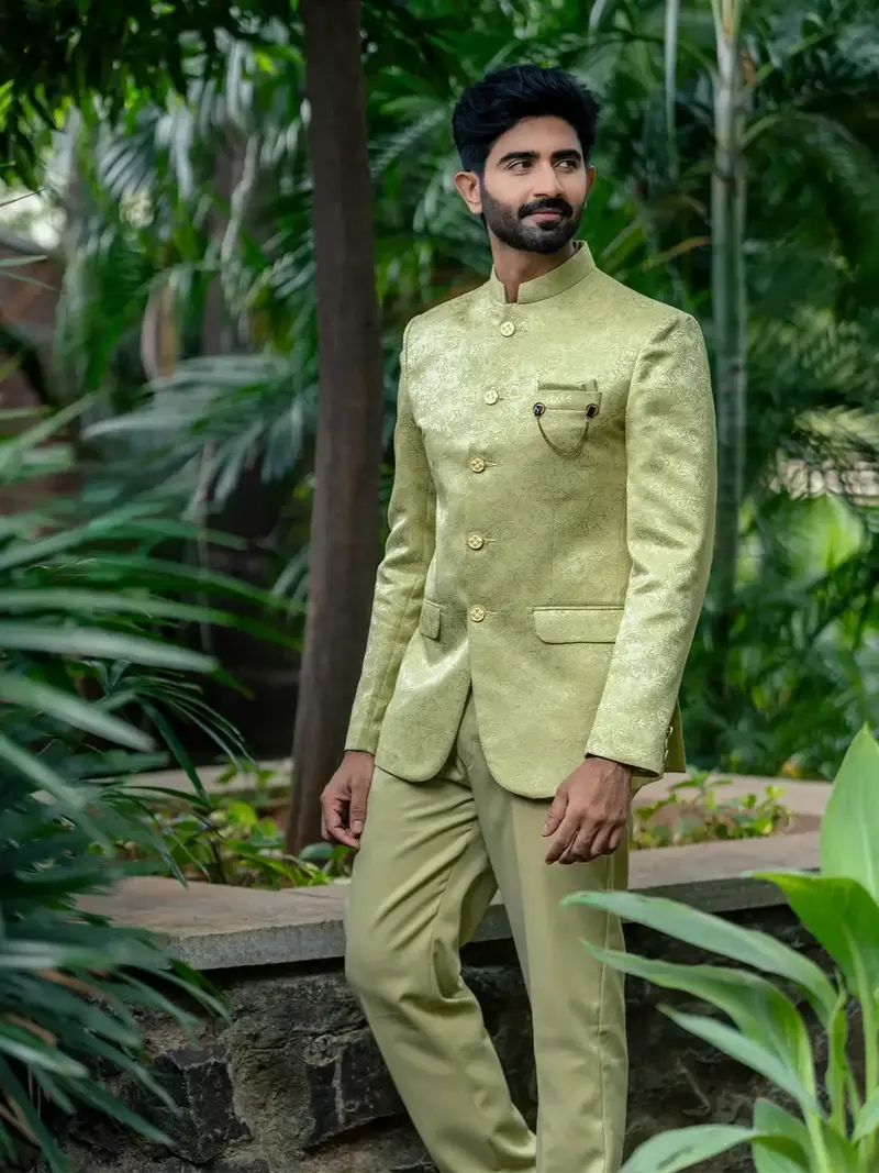Pale Green Floral Designed Jodhpuri Men's Suit 1