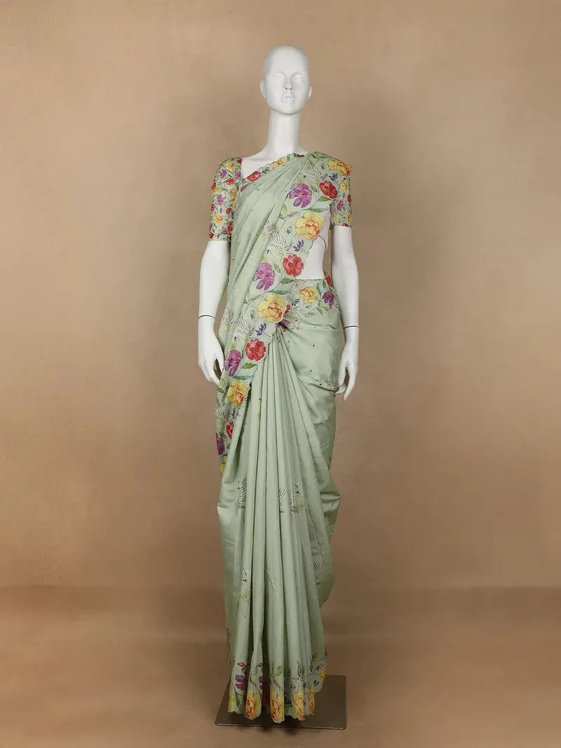 Pale Green Floral Designed Semi Tussar Silk Saree 1