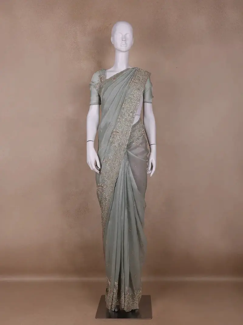 Pale Green Floral Designed Tissue Organza Saree 1