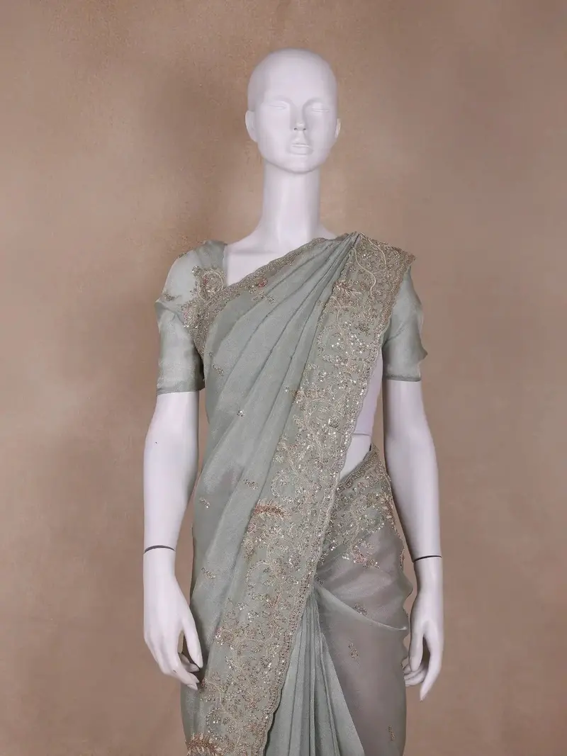 Pale Green Floral Designed Tissue Organza Saree 2