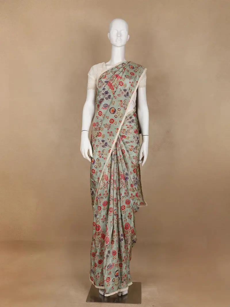 Pale Green Floral Designed Tissue Silk Fancy Saree 1