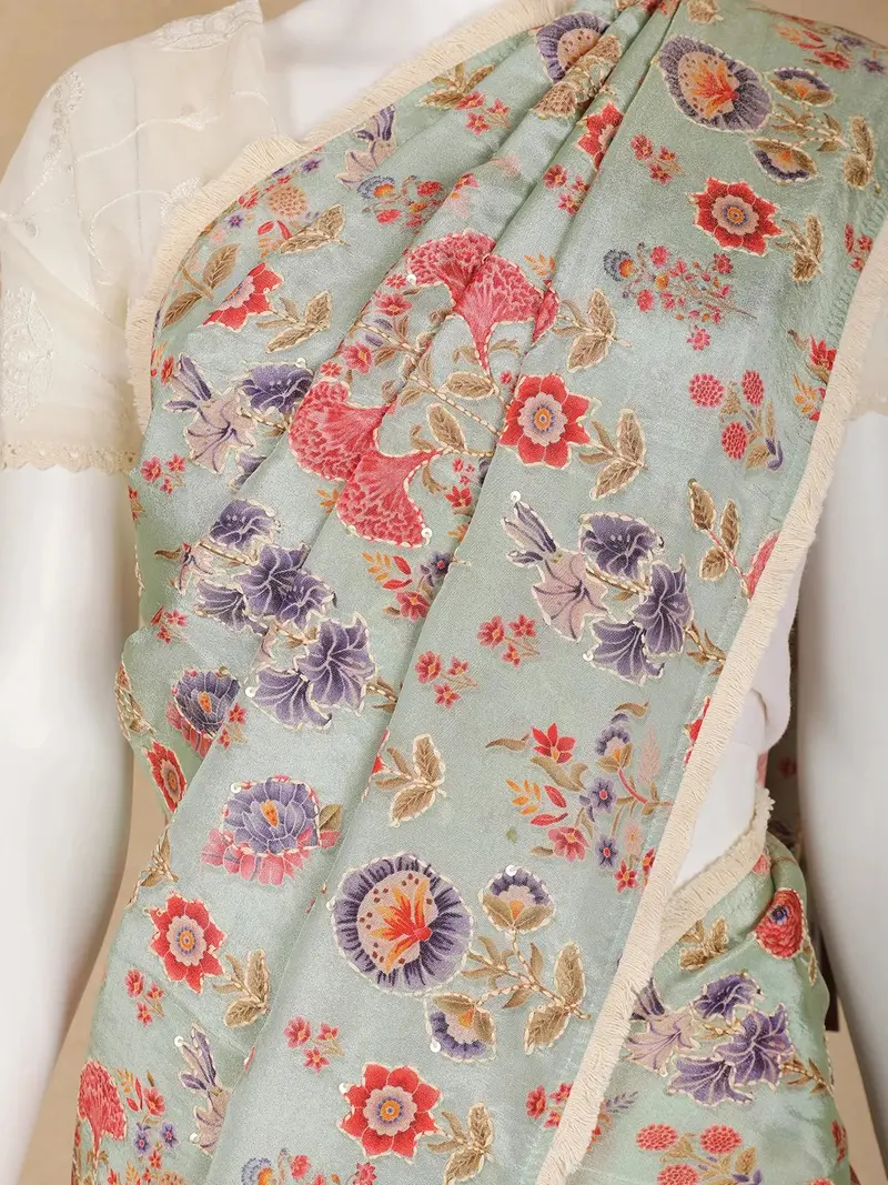 Pale Green Floral Designed Tissue Silk Fancy Saree 2