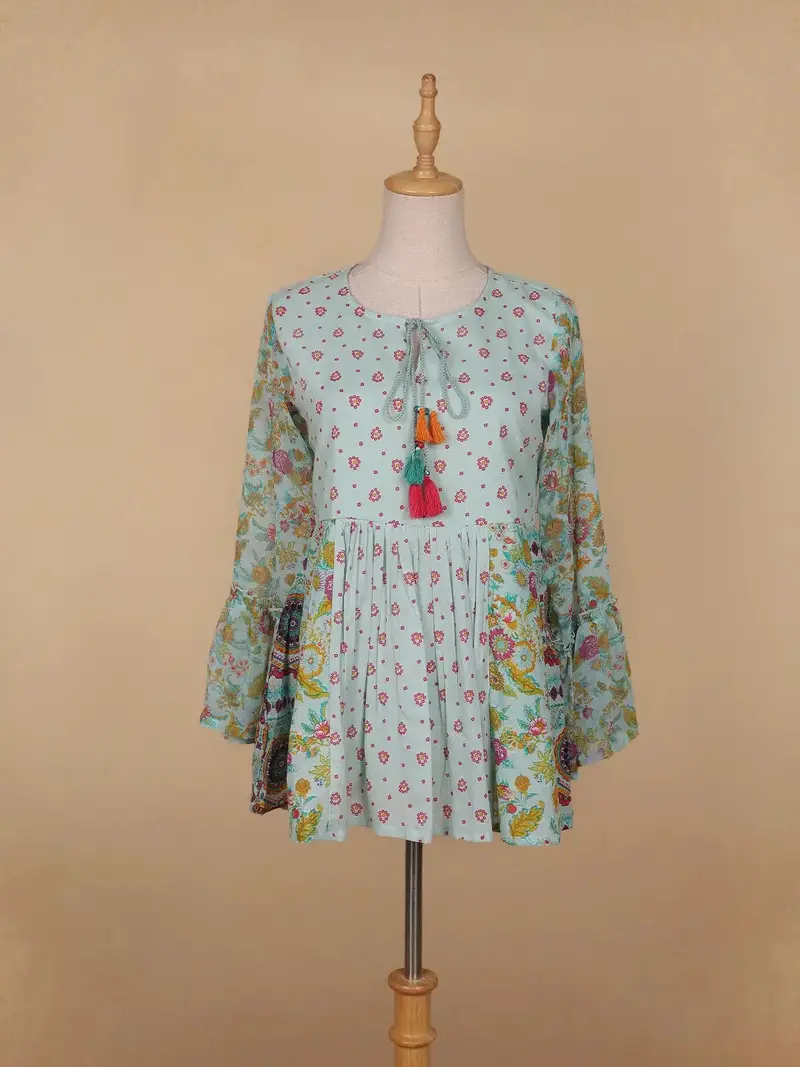 Pale Green Floral Printed Cotton Kurti Top 1