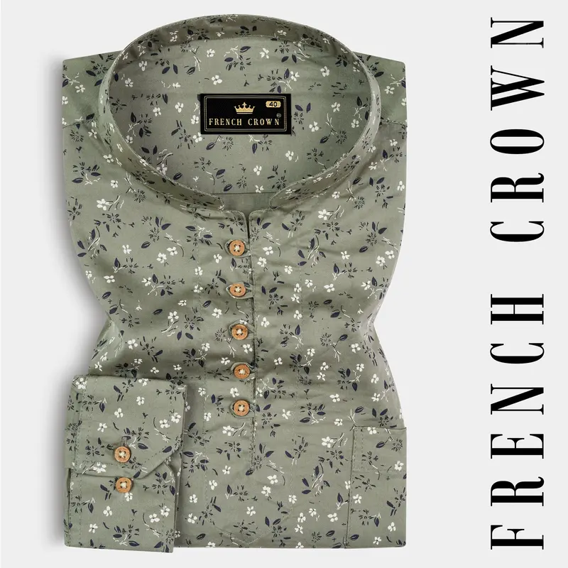 Pale Green Floral Printed Twill Premium Cotton Kurta Shirt 1