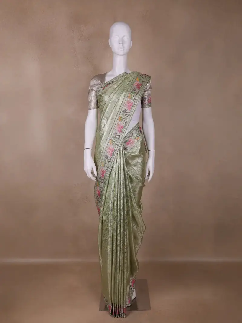 Pale Green Floral Woven Tissue Banarasi Saree 1