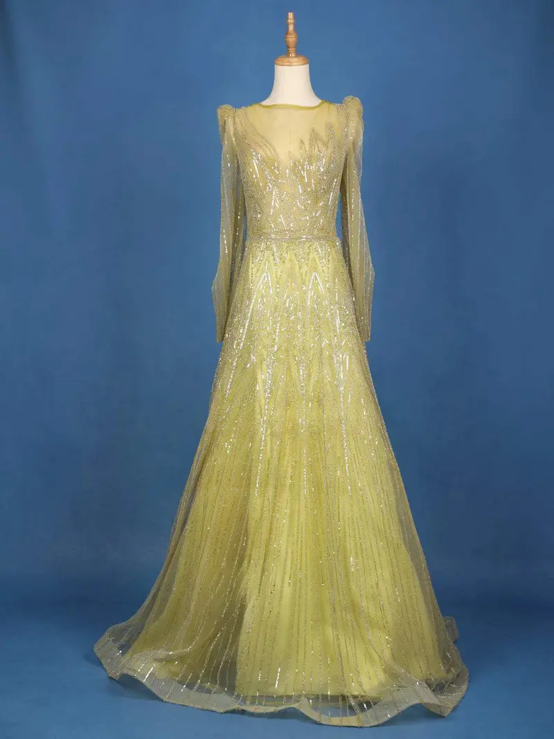 Pale Green Net Geometric Embroidered Designed Bridal Gown 1
