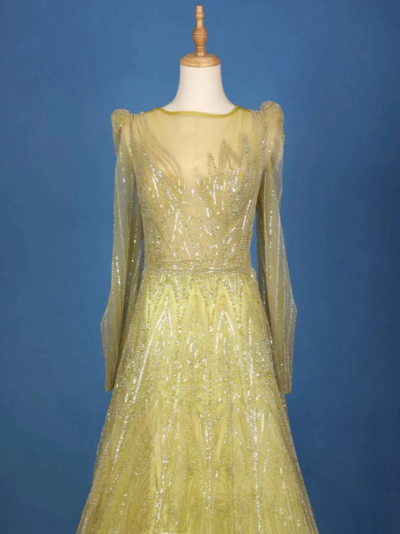 Pale Green Net Geometric Embroidered Designed Bridal Gown 2