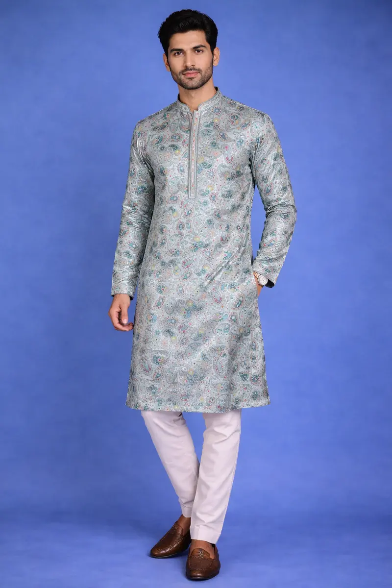 Pale Green Paisley Designed Semi Silk Kurta Set, With Pant 1