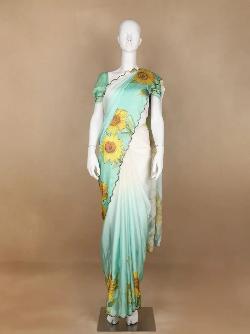 Pale Green Sun Flower Designed Satin Fancy Saree 1