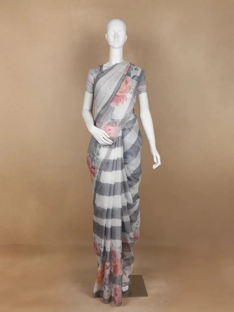 Pale Grey Floral Designed Cotton Saree 1