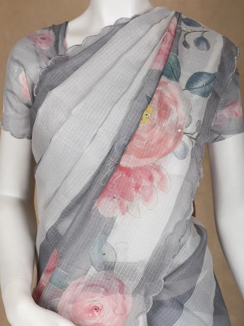 Pale Grey Floral Designed Cotton Saree 2