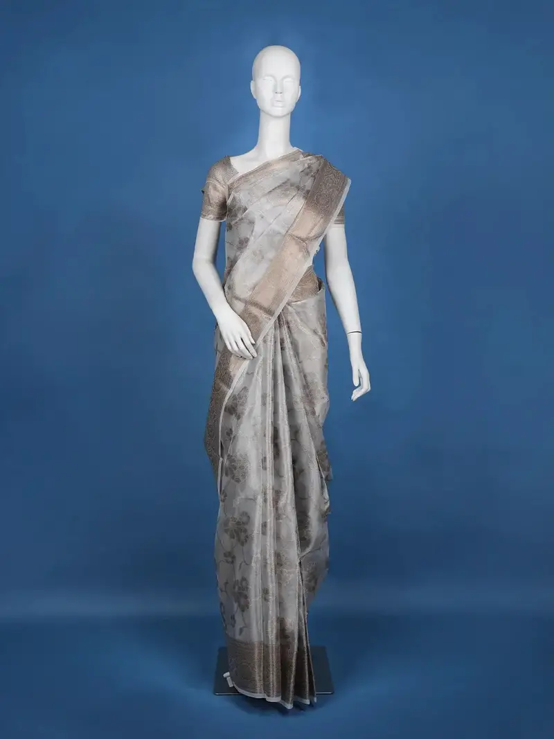 Pale Grey Floral Designed Semi Tissue Saree 1