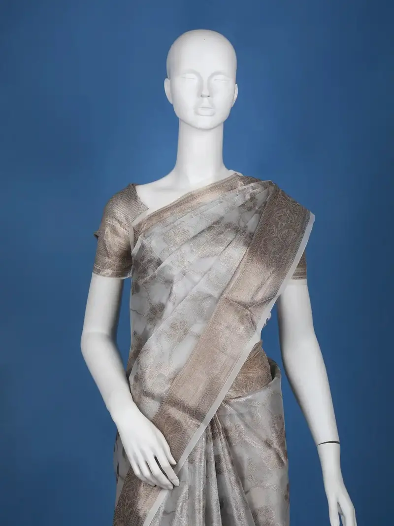 Pale Grey Floral Designed Semi Tissue Saree 2