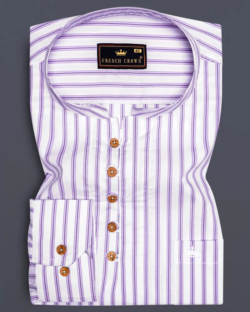 Pale Lilac Light Purple White Striped Premium Cotton Kurta Shirt 1