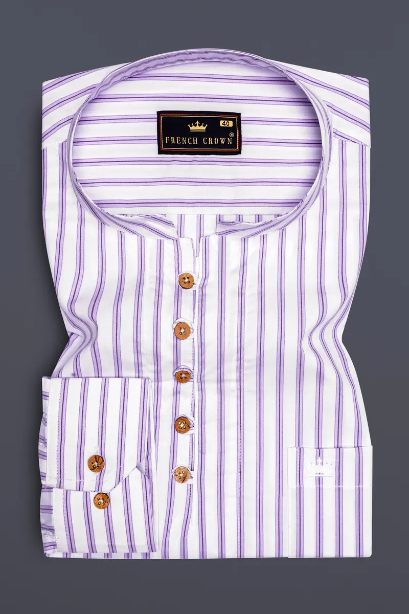 Pale Lilac Light Purple White Striped Premium Cotton Kurta Shirt 2