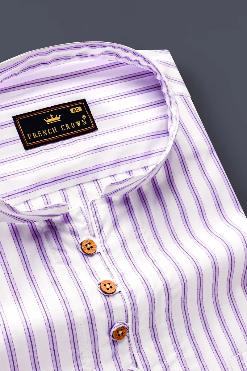 Pale Lilac Light Purple White Striped Premium Cotton Kurta Shirt 4