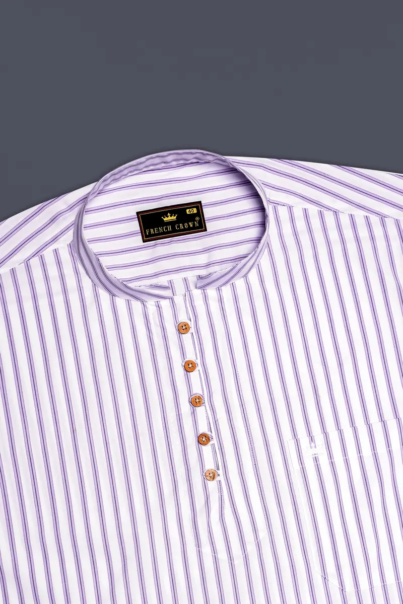 Pale Lilac Light Purple White Striped Premium Cotton Kurta Shirt 5