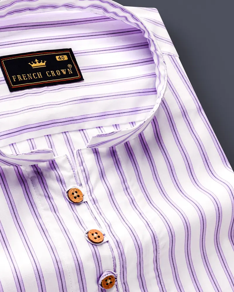 Pale Lilac Light Purple White Striped Premium Cotton Kurta Shirt 6