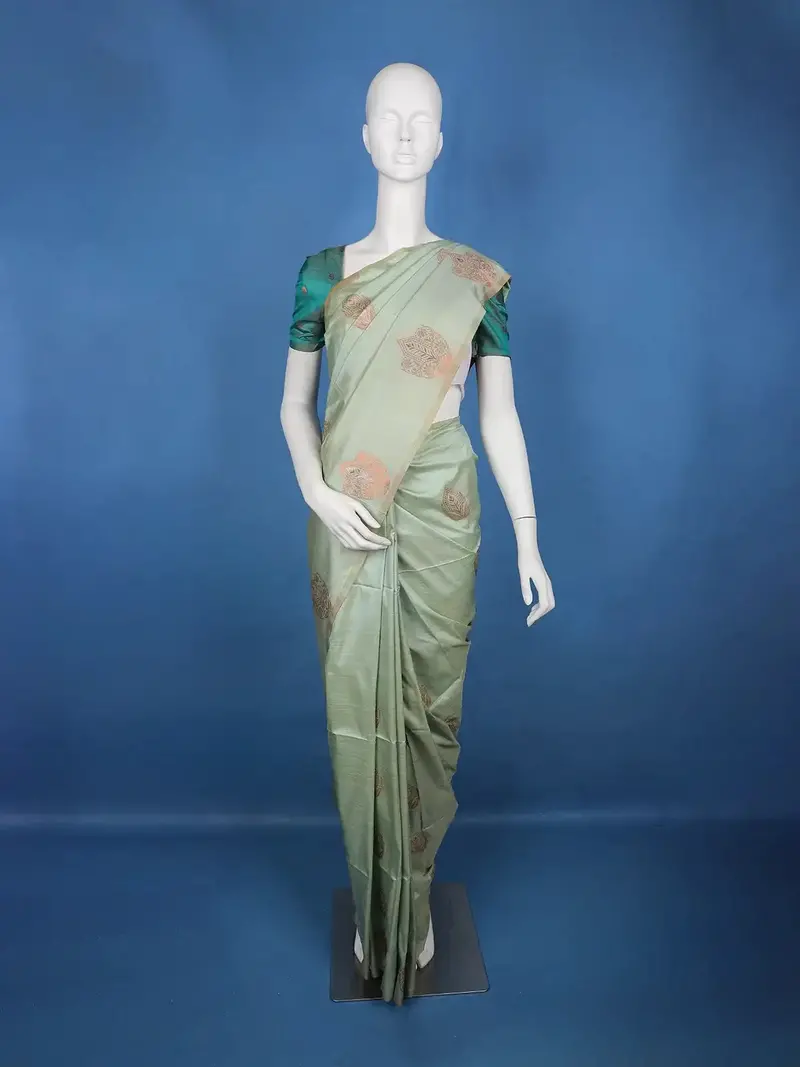 Pale Mint Green Striped Pattern Silk Saree 1