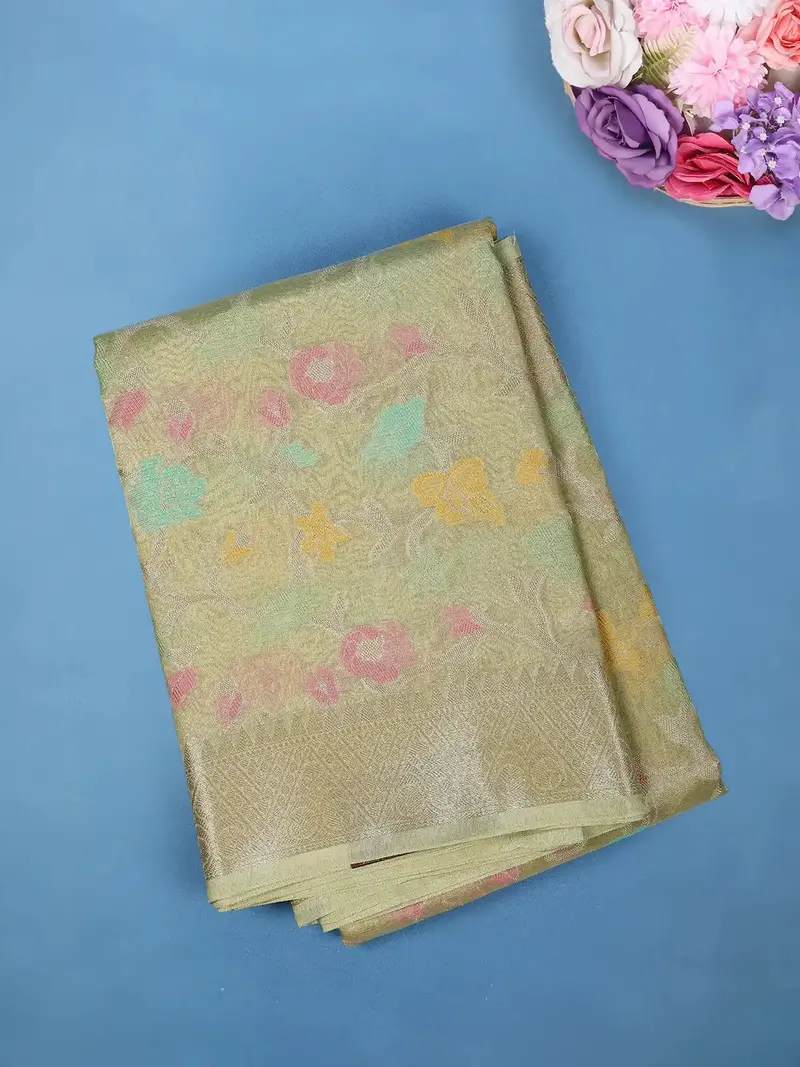 Pale Olive Green Floral Design Tissue Silk Saree 1