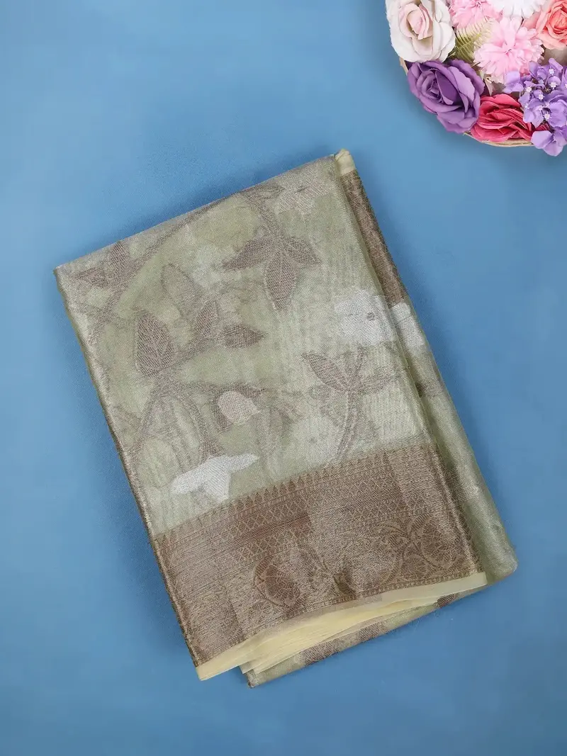 Pale Olive Green Floral Design Tissue Silk Saree 1