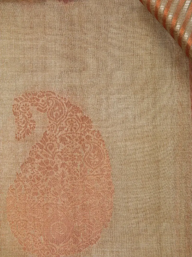 Pale Olive Green Semi Tussar Silk Saree With Floral And Stripes Design 2