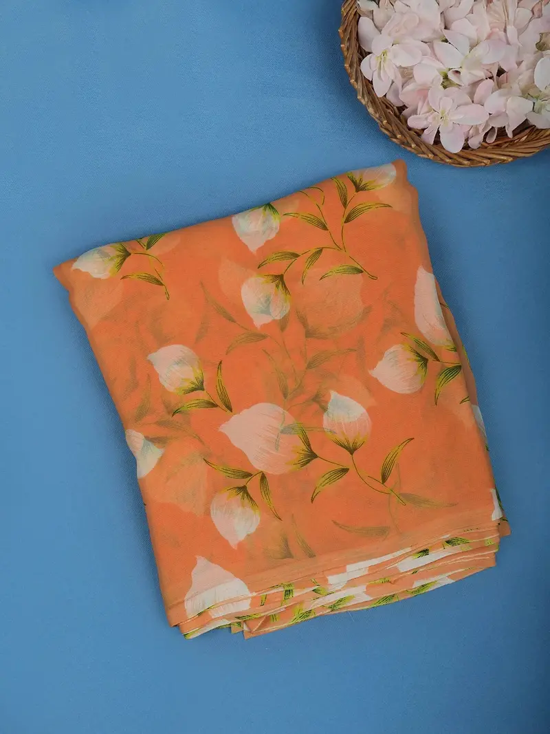 Pale Orange Floral Printed Georgette Saree 1