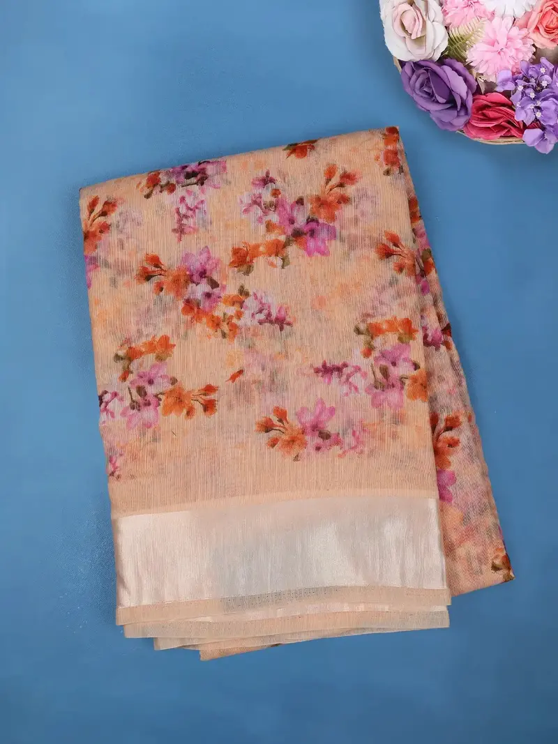 Pale Peach Floral Designed Fancy Cotton Saree 1