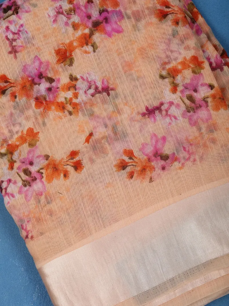 Pale Peach Floral Designed Fancy Cotton Saree 2