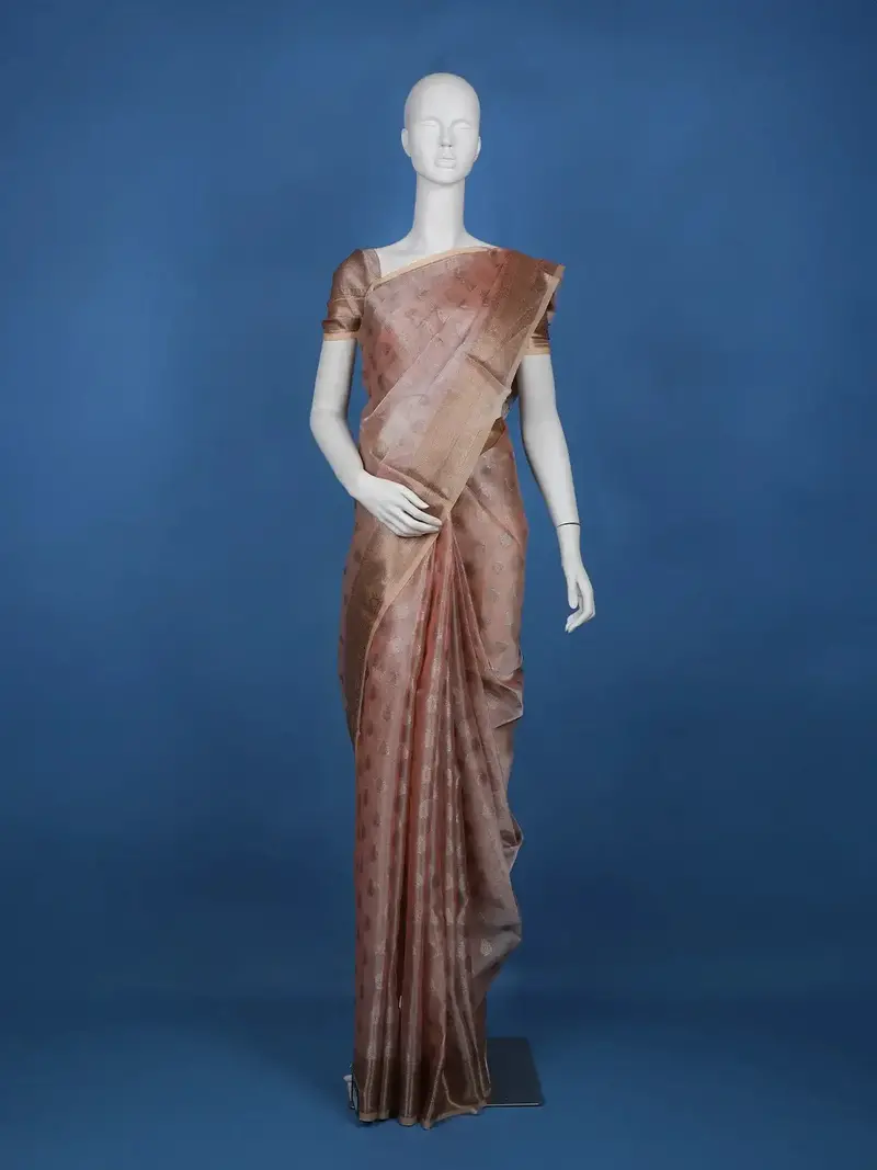 Pale Peach Floral Designed Semi Tissue Saree 1