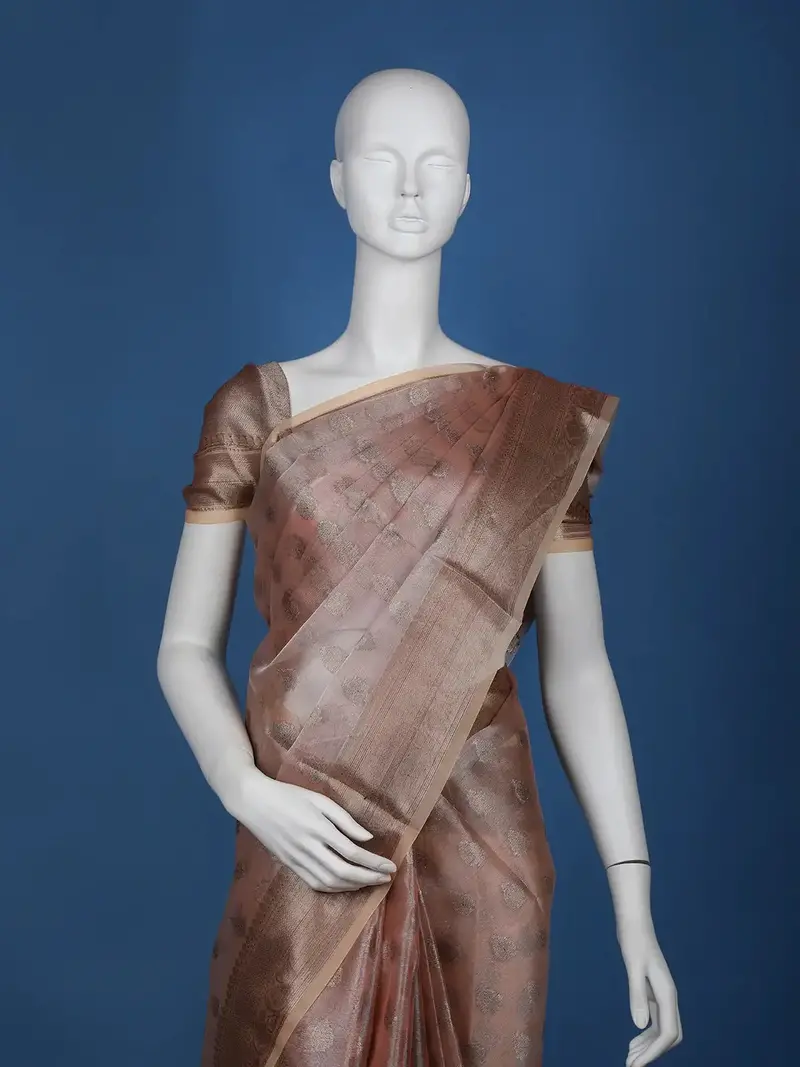 Pale Peach Floral Designed Semi Tissue Saree 2