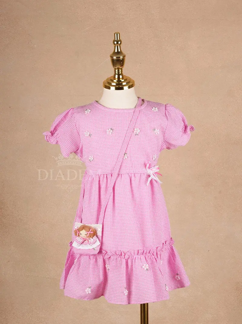 Pale Pink Cotton Frock Adorned With Floral And Small Checks Designs Girls 1