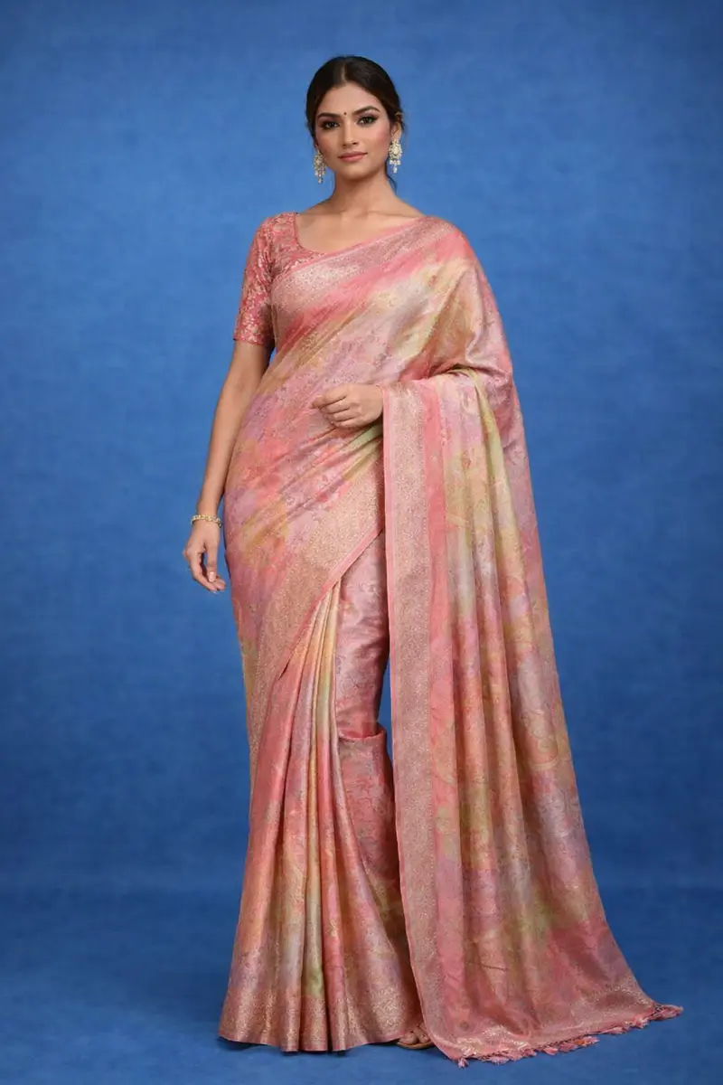 Pale Pink Floral Designed Bridal Banarasi Silk Saree 1