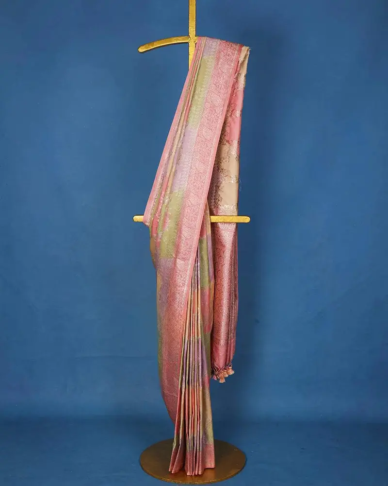 Pale Pink Floral Designed Bridal Banarasi Silk Saree 2