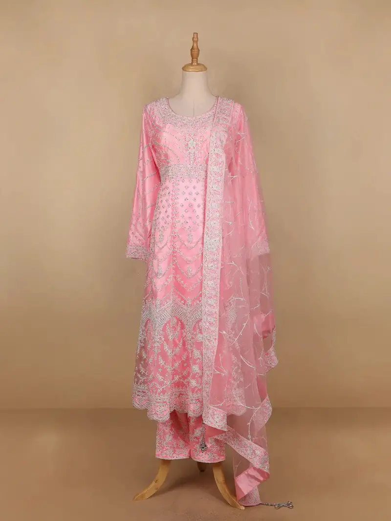 Pale Pink Floral Designed Net Salwar Suit 1