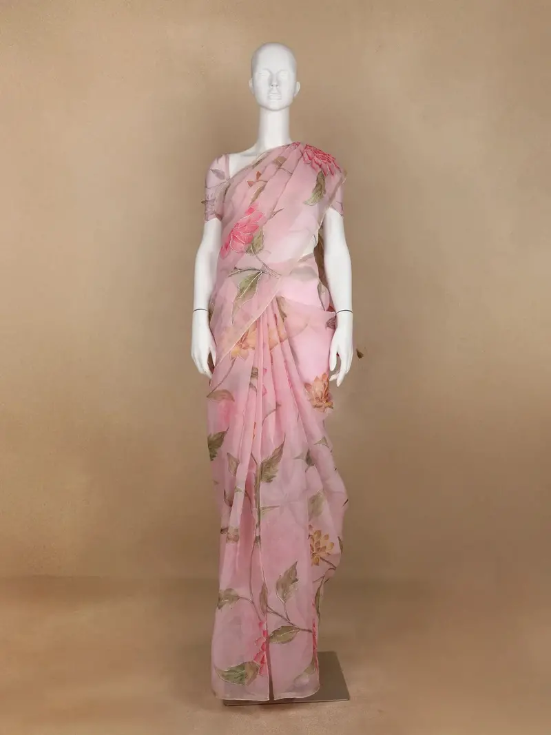 Pale Pink Floral Designed Organza Saree 1