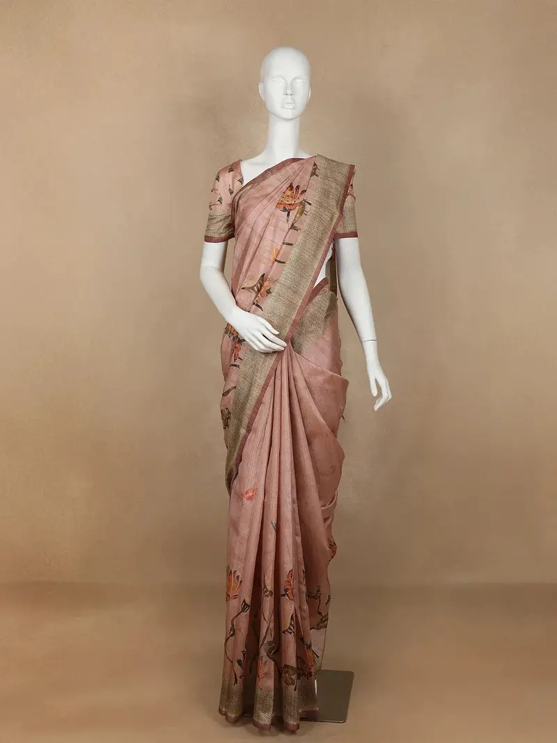 Pale Pink Floral Designed Semi Tussar Silk Saree 1