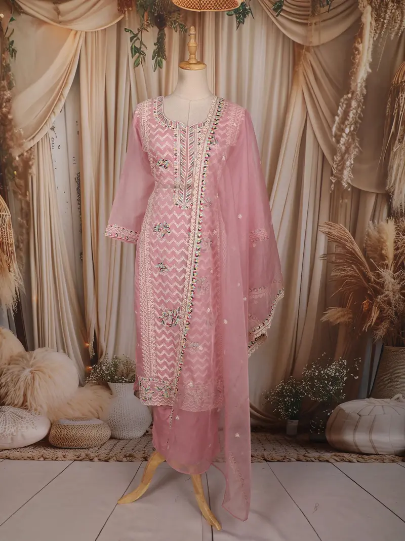 Pale Pink Floral Thread Embroidered Design Net Salwar Suit 1