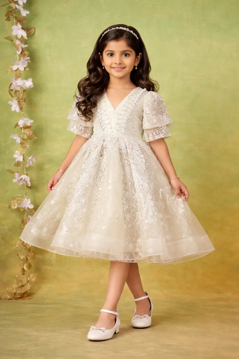 Pale Pink Net Gown Adorned With Floral Designs And Puff Sleeves 1