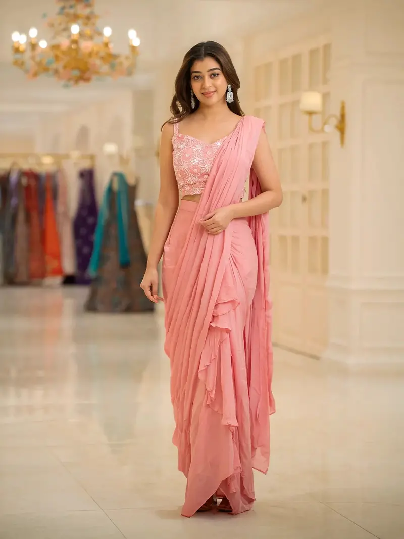 Pale Pink Satin Ready To Wear Saree With Plain Body Paired With Designer Blouse 1