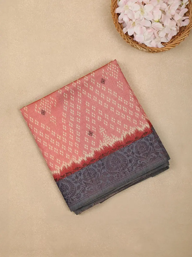 Pale Pink Semi Tussar Silk Floral Designed Saree 1