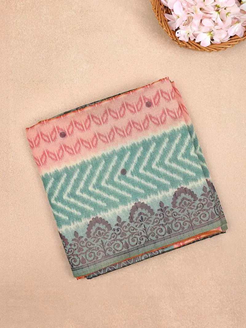 Pale Pink Semi Tussar Silk Saree With Chevron Design And Contrast Blouse 1