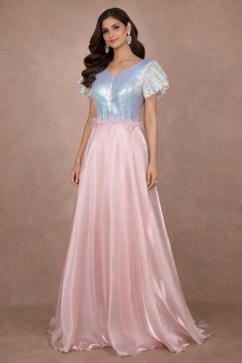 Pale Pink Sequin Designed Organza Party Gown 1