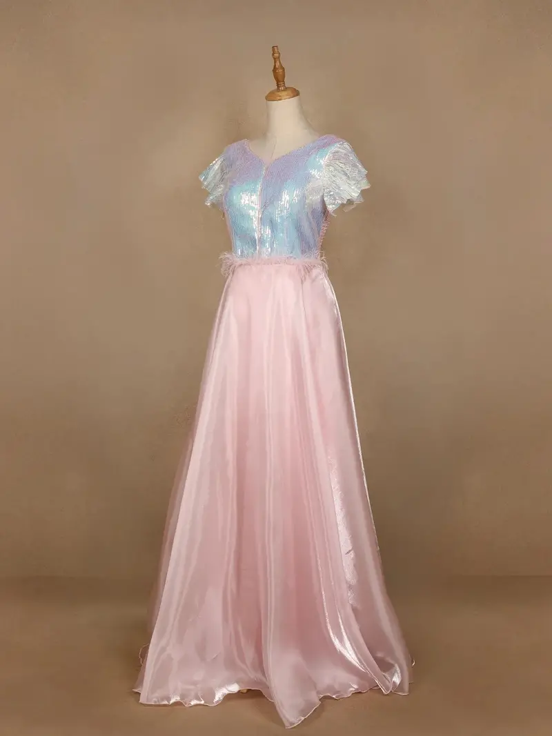 Pale Pink Sequin Designed Organza Party Gown 5