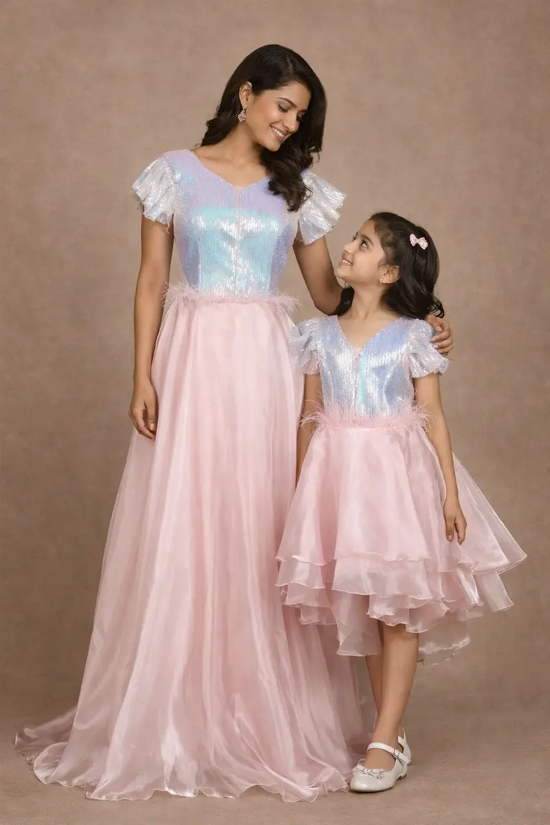 Pale Pink Sequin Gowns For Mother & Daughter 1