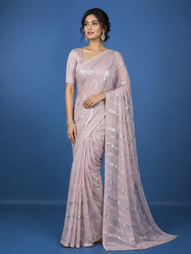 Pale Pink Sequins Embroidered Georgette Saree 1