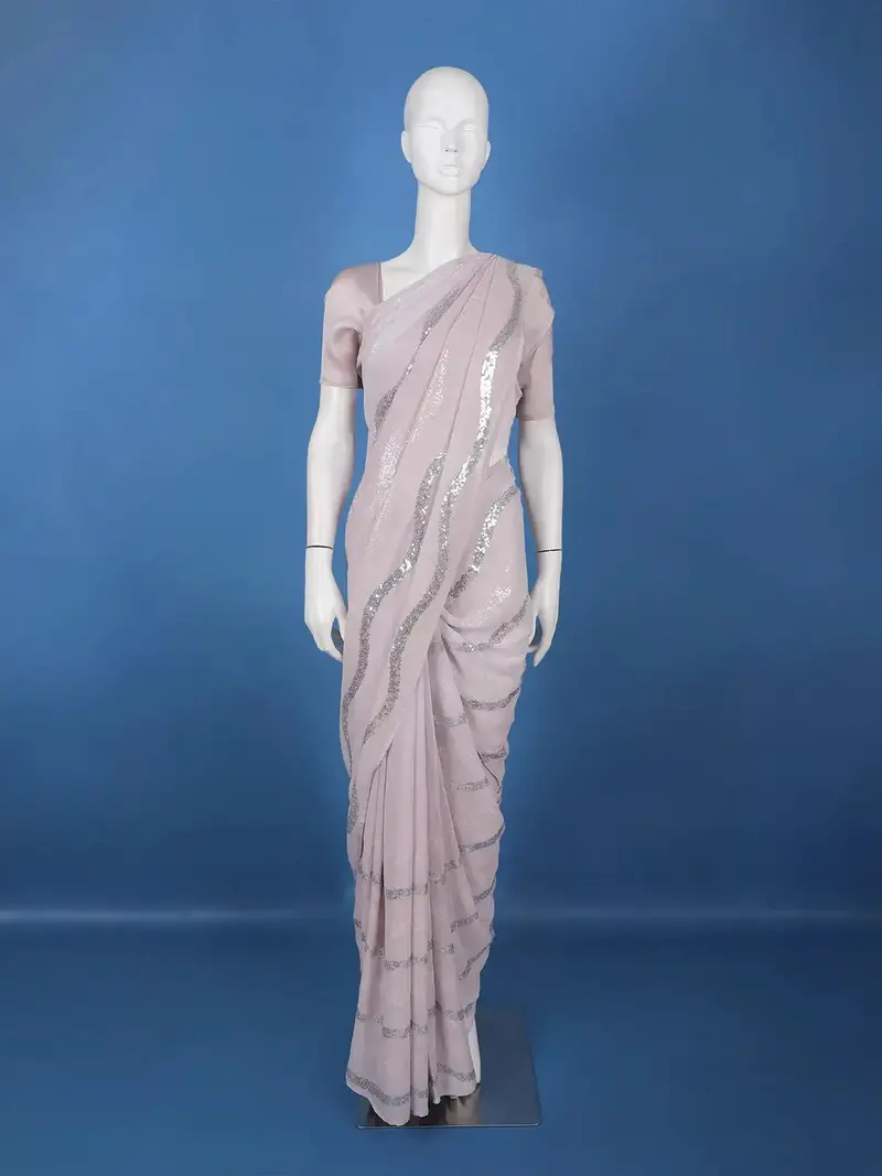 Pale Pink Sequins Embroidered Georgette Saree 2