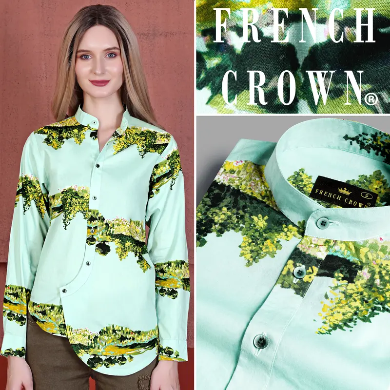 Pale Sky Blue And Chenin Green Landscape Printed Premium Cotton Designer Shirt 1
