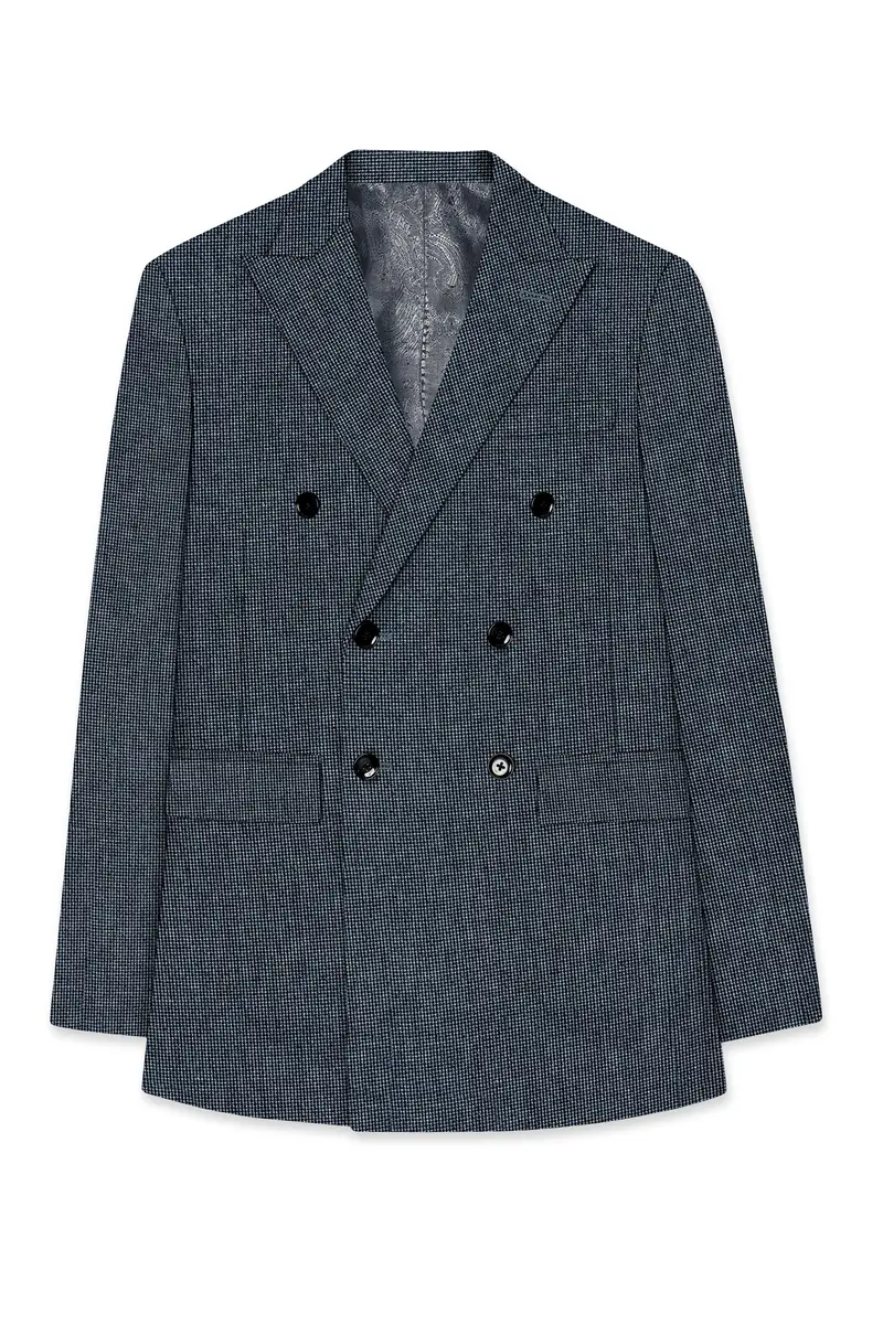 Pale Slate Gray And Black Premium Cotton Double Breasted Blazer 7
